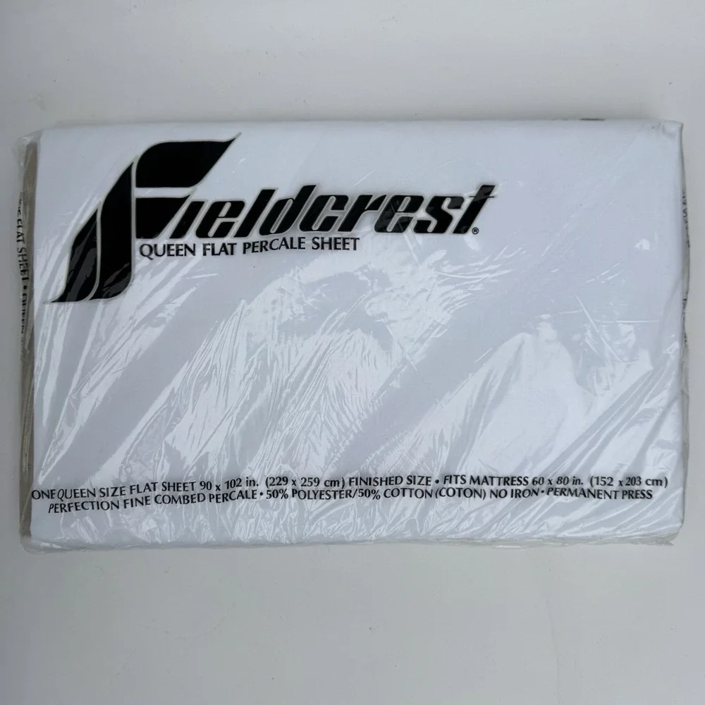 VTG Fieldcrest Sheet White No-Iron Percale Queen Flat Sheet NIP Cotton Polyester